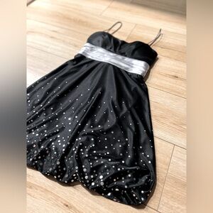 Jump Apparel Y2K Black and Silver Satin Mirror Polka Dot Bubble Mini Dress
